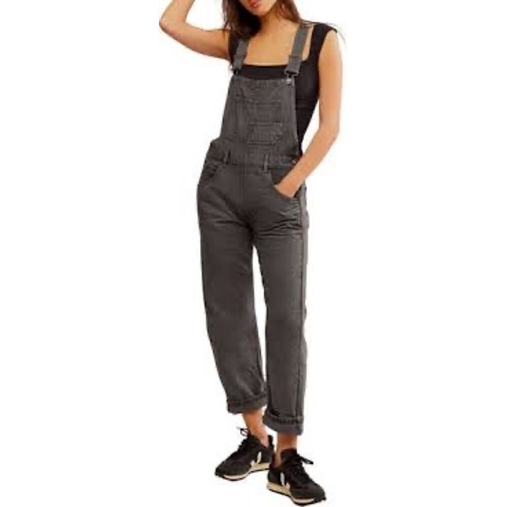 Free People Lexden Skinny Denim Overalls Washed‎ Black Side Zip Raw Hem Size 30